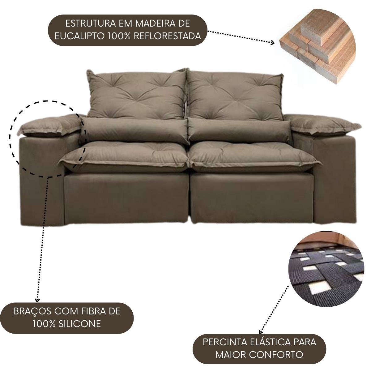 Sofa Reclinavel Retratil Design Elegante Athena 2,30m Veludo Cor:Bege - 3