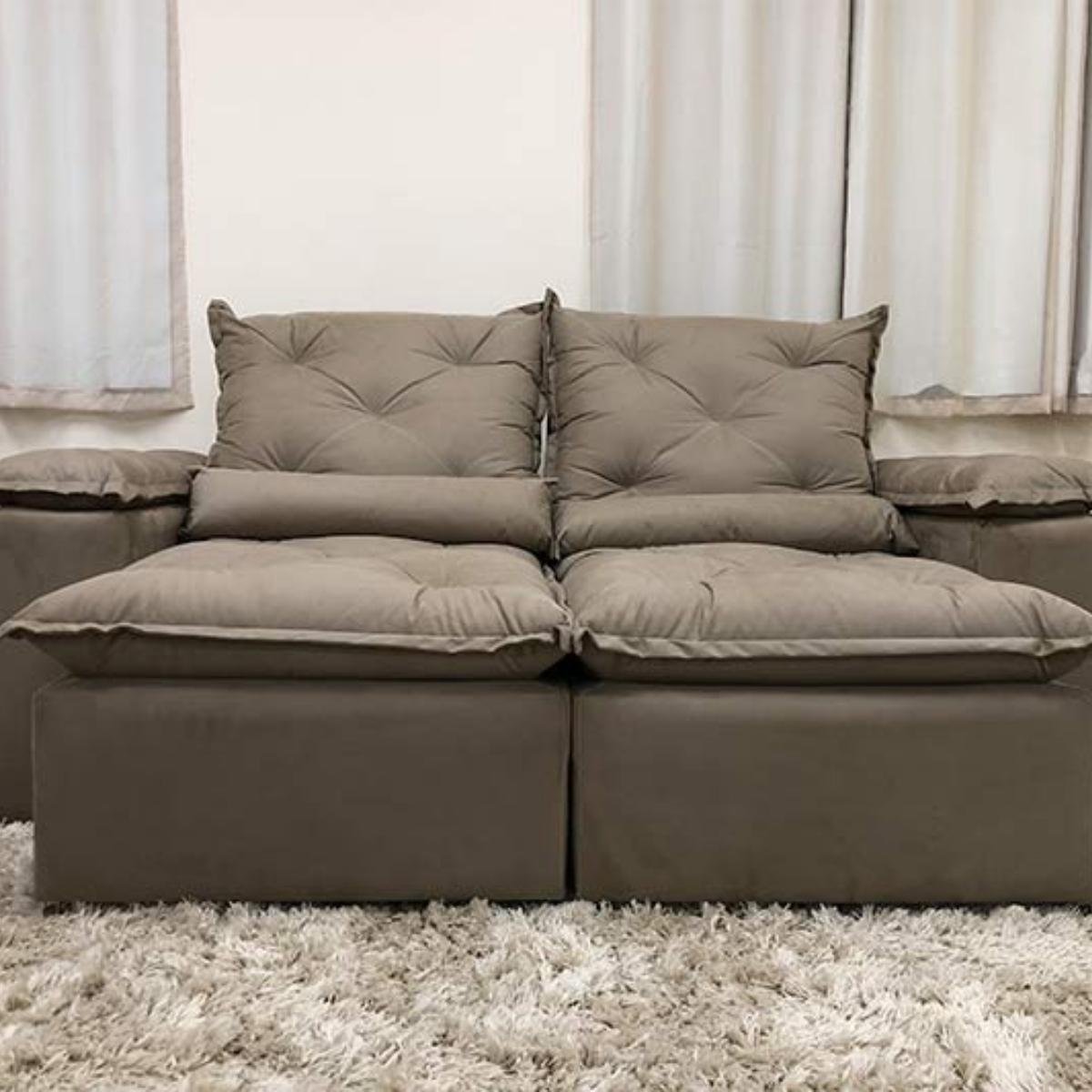 Sofa Reclinavel Retratil Design Elegante Athena 2,30m Veludo Cor:Bege - 5