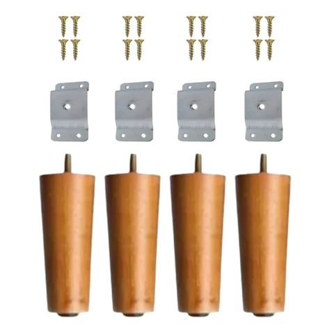 Kit 4 Pés Palito Retro 15cm Castanho com Chapa Metálica para Sofá Puff Poltrona Rack