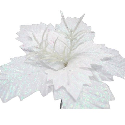 Kit 12 Flores Artificial Gliter Enfeite Branco Natalino 25cm