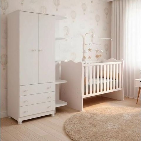 Quarto do Bebe Berço com Roupeiro 2 Portas 3 Gavetas Branco Acetinado - Ai Shop