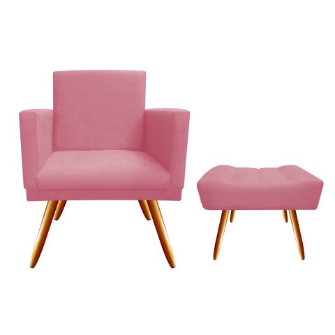 Kit Poltrona Decorativa Bia + Puff Retangular Suede Rosa Pés Madeira Ms Decor