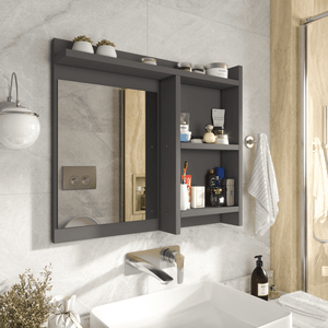 Espelheira de Banheiro Armarinho Organizador com Prateleira Nicho Nioki Cor:cinza