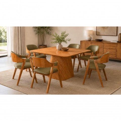 Conjunto de Jantar Paris 6 Lugares Tampo em MDF com Cadeiras Estofadas Verde Oliva 135cm Imperial