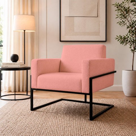 Poltrona Decorativa Estofada Veludo Base Metálica Industrial Prime Preto – Paraná Metal:Rosé Nude