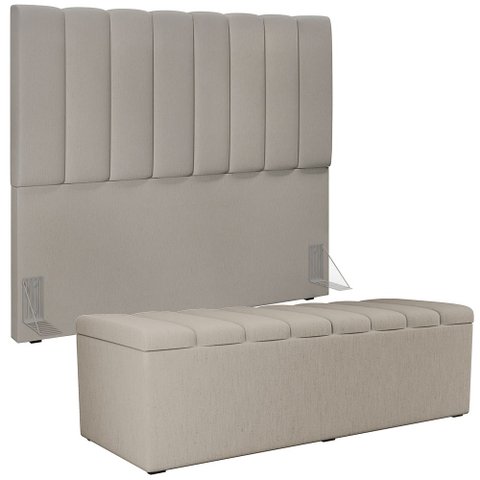Kit Cabeceira Cama Box Casal 140cm e Calçadeira Recamier Baú Dália W01 Linho Bege - Lyam Decor