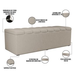 Kit Cabeceira Cama Box Casal 140cm e Calçadeira Recamier Baú Dália W01 Linho Bege - Lyam Decor - 6 Kit Cabeceira Cama Box Casal 140cm e Calçadeira Recamier Baú Dália W01 Linho Bege - Lyam Decor - 6