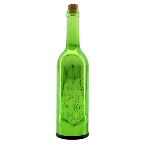 Luminária Garrafa Decorativa de Vidro Verde com Led 29cm