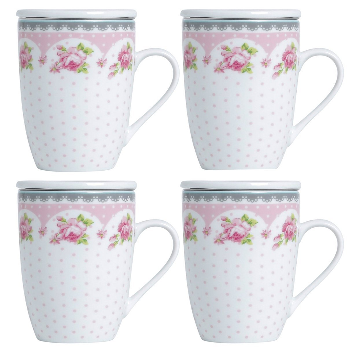 4 Canecas de Porcelana para Chá 310ml com Tampa e Filtro Inox Infusoor Lyor Rosa