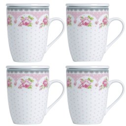 4 Canecas de Porcelana para Chá 310ml com Tampa e Filtro Inox Infusoor Lyor Rosa - 1