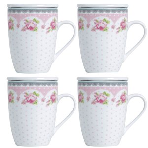 4 Canecas de Porcelana para Chá 310ml com Tampa e Filtro Inox Infusoor Lyor Rosa