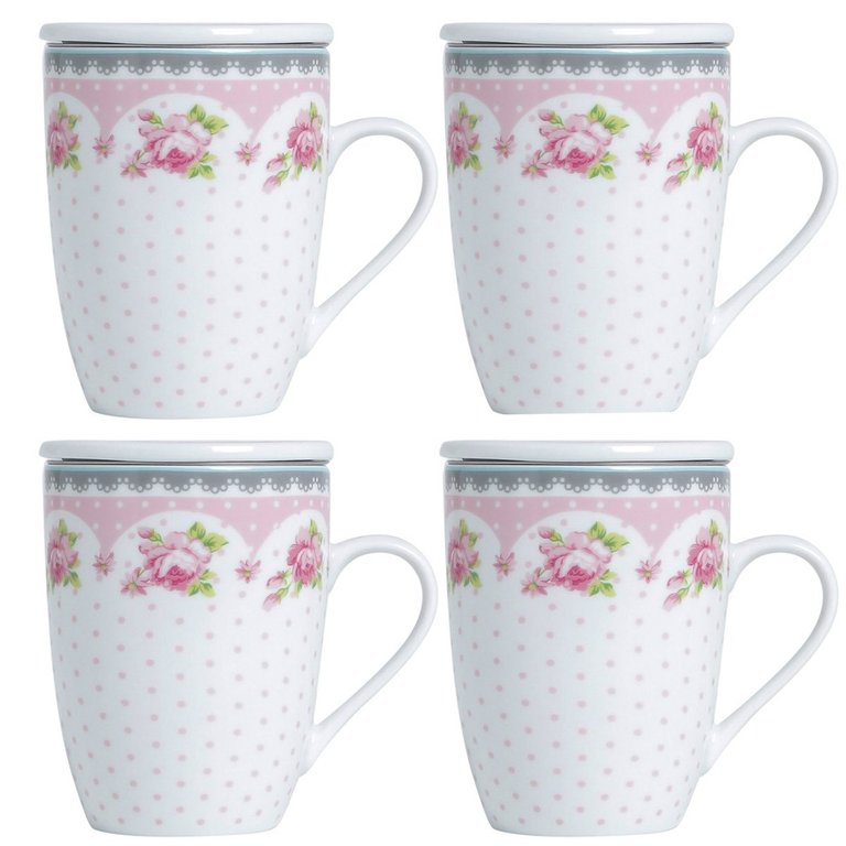 4 Canecas de Porcelana para Chá 310ml com Tampa e Filtro Inox Infusoor Lyor Rosa