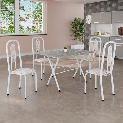 Conjunto de Mesa Tubular 100x60cm Tampo em Granito com 4 Cadeiras Lívia Branco/Botanic Bege