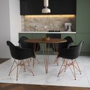 Ver imagem 1 de Mesa Jantar Redonda 110cm Amêndoa Clips 3 Pés com 4 Poltronas Pretas Eames Eiffel Base Cobre