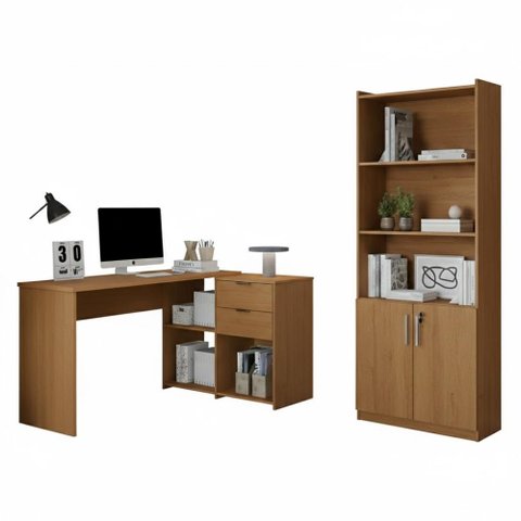 Conjunto para Escritorio com Mesa em L Nt2060 e Armário Multiuso Freijó Notável Móveis
