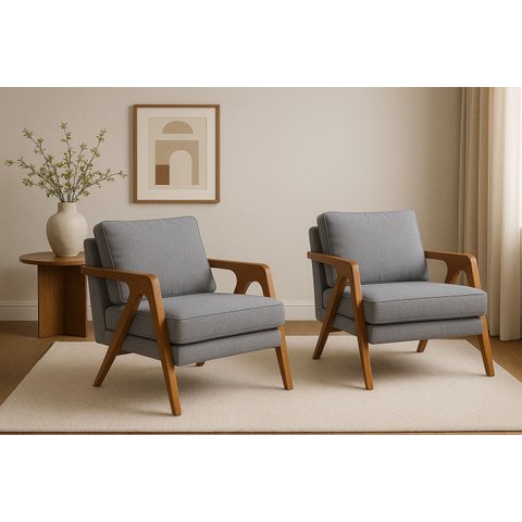 Kit 2 Poltronas Mona Luxo Madeira Maciça Veludo Cinza para Sala de Estar Decorativa Moderna