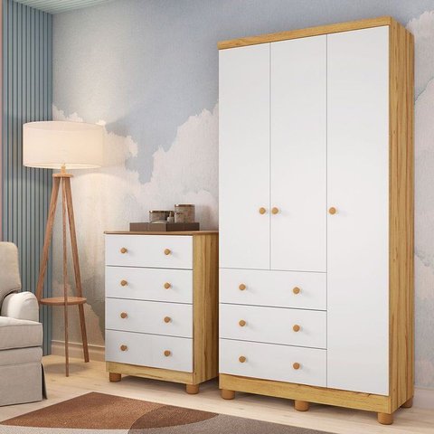 Quarto de Bebê Guarda-Roupas 3 Portas Cômoda 4 Gavetas Mimo 100% MDF Espresso Móveis Amêndoa/Branco