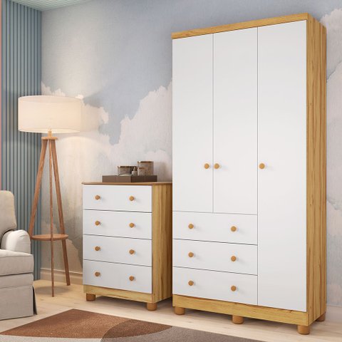 Quarto Infantil Guarda Roupas 3 Portas Cômoda 4 Gavetas Mimo 100% MDF Espresso Móveis Branco/Brilho/Amêndoa
