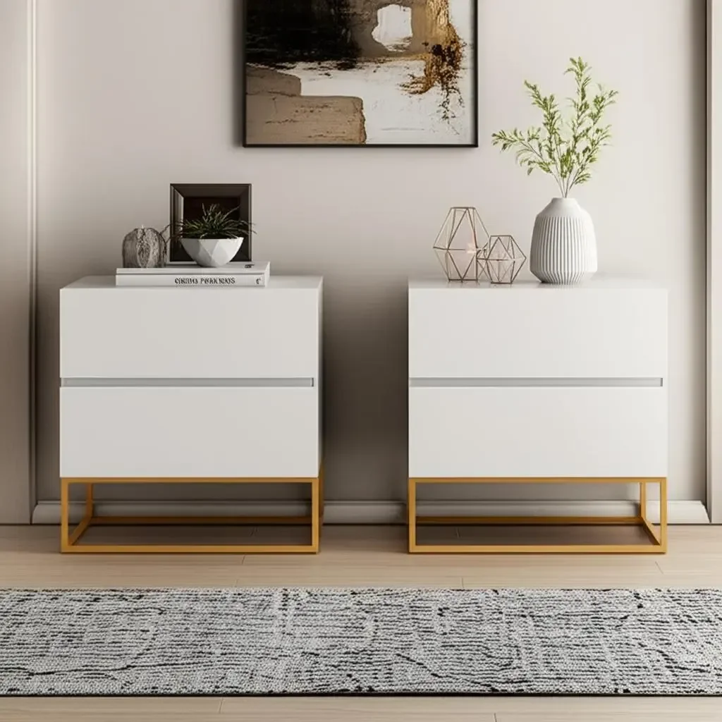 Kit 2 Mesas de Cabeceira Eros Branco 60cm Pés de Ferro Dourado Moderno Estilo Industrial