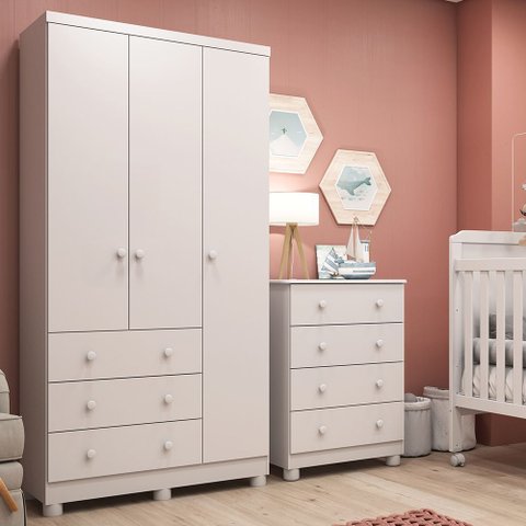 Quarto Infantil Guarda Roupas 3 Portas Cômoda 4 Gavetas Mimo 100% MDF Espresso Móveis Branco/Brilho