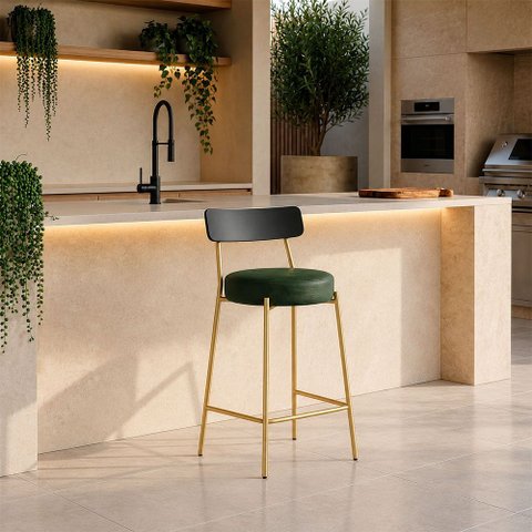 Banqueta Cozinha Média Encosto Preto Industrial Dourado Londrina PU D03 - D'Rossi