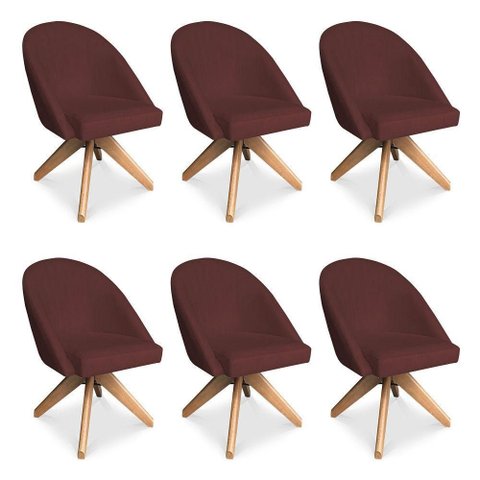 Kit 6 Poltronas Cadeira Giratória Bela Suede Base Madeira Marsala Pallazio