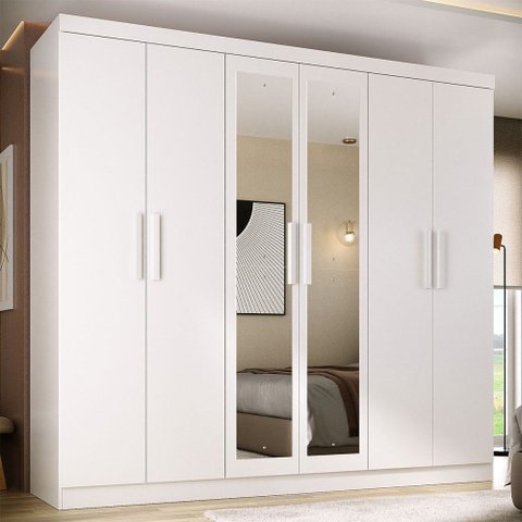 Guarda-roupa Solteiro Lancaster 6 Portas 3 Gavetas 100% Mdf com Espelho Branco - Panorama Móveis
