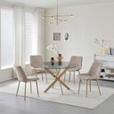 Ver imagem 1 de Conjunto Mesa de Jantar Lara 120cm Vidro Redondo Aço Carbono Bronze Chic 4 Cadeiras em Linho - Bege