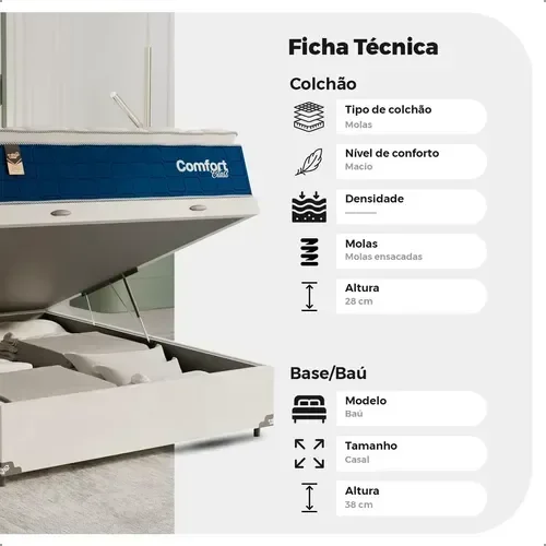 Ver imagem 3 de Cama Box Baú Casal Colchão Comfort Class Pillow Top 138x188 Azul/suede Branco