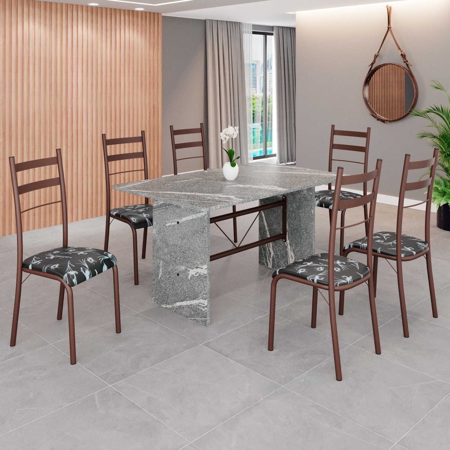 Conjunto Sala de Jantar Mesa Retangular 140x75cm Tampo Granito Topázio 6 Cadeiras Marselha - 1