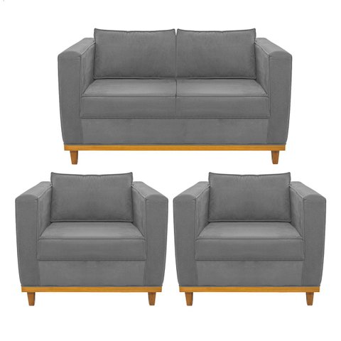 Kit Sofá 2 Lugares e 2 Poltronas Europa Suede Cinza Doce Sonho Móveis