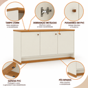 Ver imagem 4 de Armário Buffet para Sala de Jantar 3 Portas Pés Ripados 135 cm Berlin - Off White/Naturale
