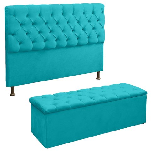 Cabeceira e Recamier Sapateira Lana para Cama Box King 195 Cm - Suede - Sv Decor:azul Turquesa