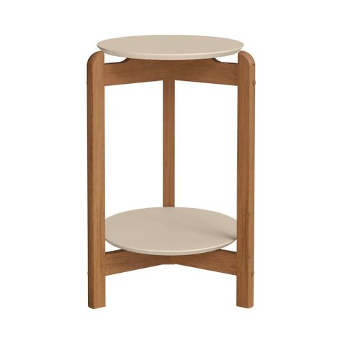 Mesa Lateral Sala Lizz com Pés de Madeira Maciça Off White/cedro