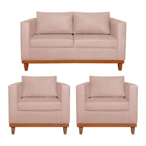 Kit Sofá 3 Lugares e 2 Poltronas Europa 180 cm Estilo Conforto e Elegância Suede Rosê - ADJ Decor