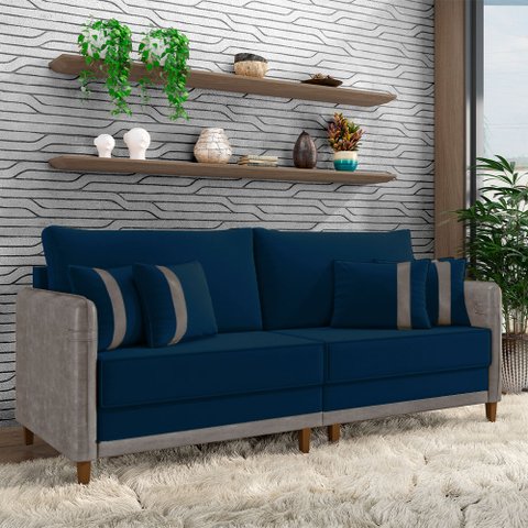 Sofá Montecarlo 2 Lugares 212cm Veludo/pu Azul/cinza