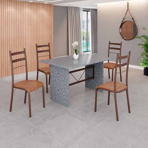 Conjunto Sala de Jantar Mesa Retangular 120x75cm Tampo Granito Ocre 4 Cadeiras Marselha Marrom/C.