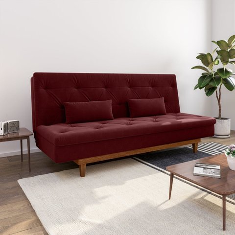 Sofá Cama 3 Lugares em Suede Tokio Yescasa Vermelho Marsala/Mel
