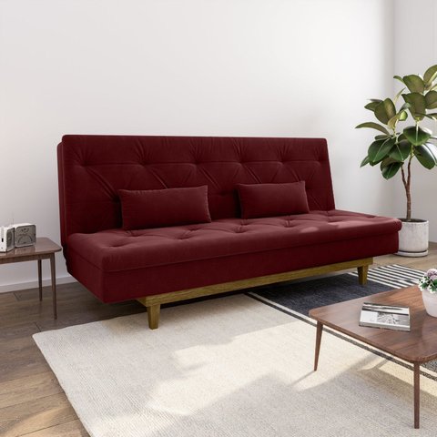 Sofá Cama 3 Lugares em Suede Tokio Yescasa Vermelho Marsala/Castanho