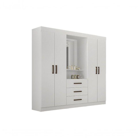 Guarda Roupa Casal 4 Portas 3 Gavetas com Espelho Branco