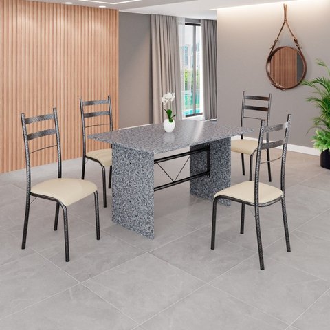 Conjunto Sala de Jantar Mesa Retangular 120x75cm Tampo Granito Ocre 4 Cadeiras Marselha Prata/Creme/Mart