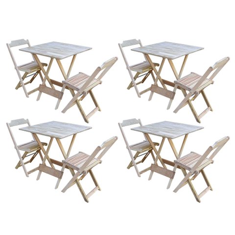 Kit 4 Conjuntos de Mesa Dobrável com 2 Cadeiras de Madeira 70x70 - sem Pintura