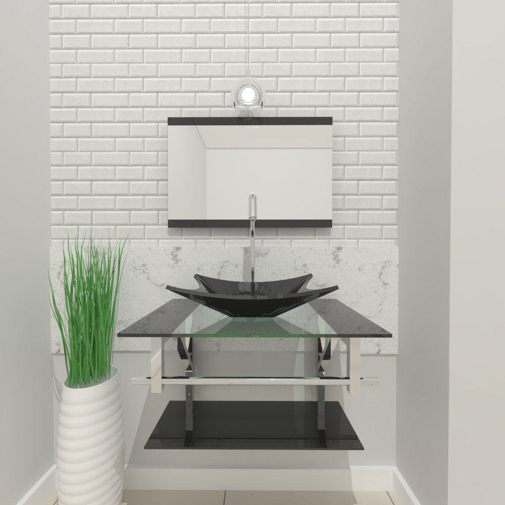 Gabinete De Vidro Para Banheiro 60cm Inox Cuba Retangular Com Sifao E Torneira Metal Cor:preto - 1