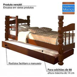 Cama Auxiliar de Solteiro em Madeira Maciça - Castanho - 2