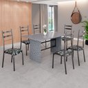 Ver imagem 1 de Conjunto Sala de Jantar Mesa Retangular 140x75cm Tampo Granito Ocre 6 Cadeiras Marselha Prata/Preto Floral/Mart