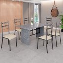Ver imagem 1 de Conjunto Sala de Jantar Mesa Retangular 140x75cm Tampo Granito Ocre 6 Cadeiras Marselha Prata/Creme/Mart