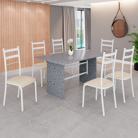 Conjunto Sala de Jantar Mesa Retangular 140x75cm Tampo Granito Ocre 6 Cadeiras Marselha Branco/Creme