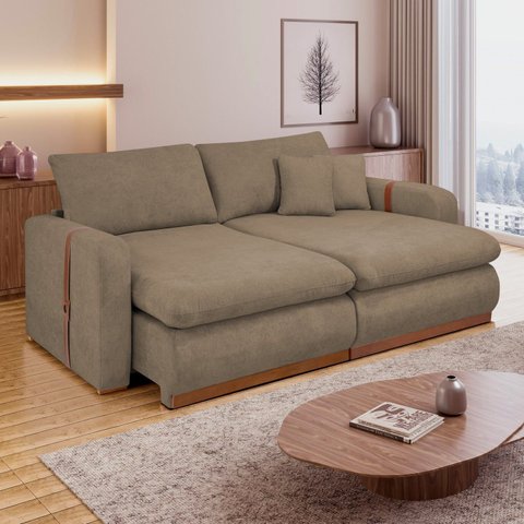 Sofá Cama Retrátil e Reclinável 3 Lugares Veludo Bege Escuro França 230cm Yescasa