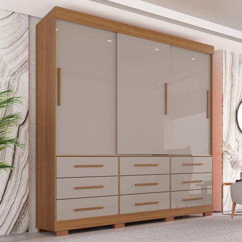 Guarda-Roupa Casal 3 Portas 9 Gavetas com Pés Luana Cinamomo/Off-White