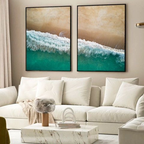 Kit Quadro Decorativo 2 Telas La Praia Tacolado Moldura Caixa Alta 4,5cm Preta com Vidro 60 X 90cm